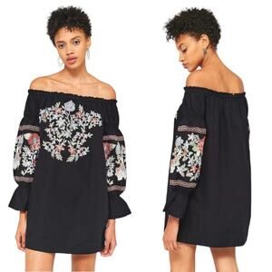 Free People Black Fleur Du Jour Embroidered Off The Shoulder Dress Size Small